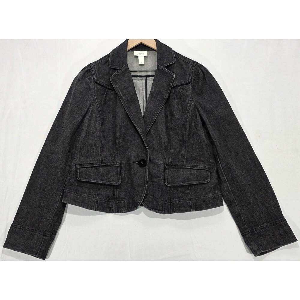 LOFT Black Denim Blazer Jacket Womens 12 Cropped Velvet Button Stretch Retro Y2K